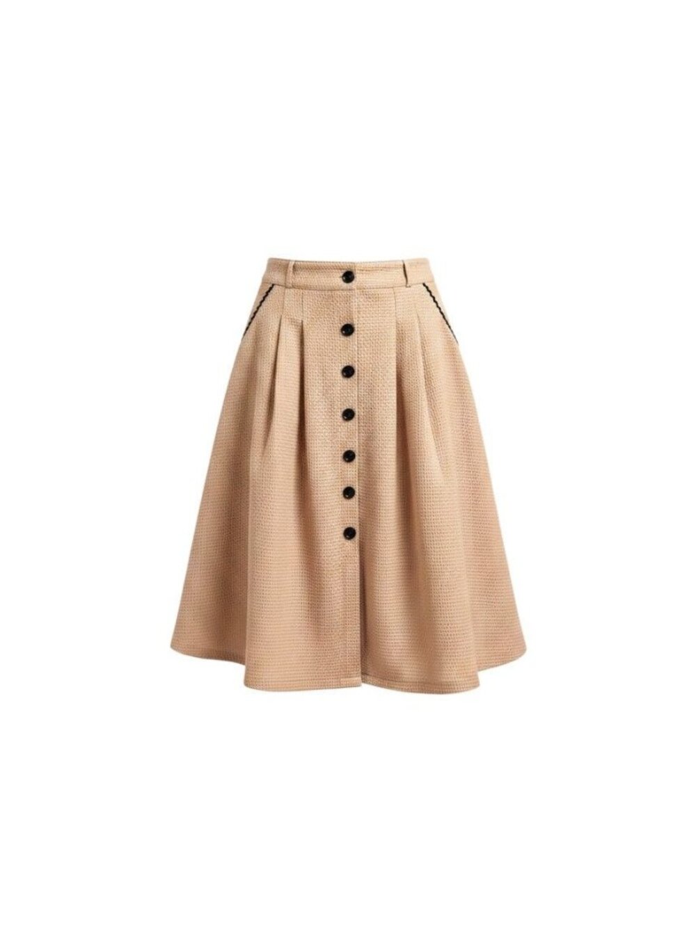 Women's Tan High-Waisted A-Line Button Front Pleated Skirt Black Trim Size S
